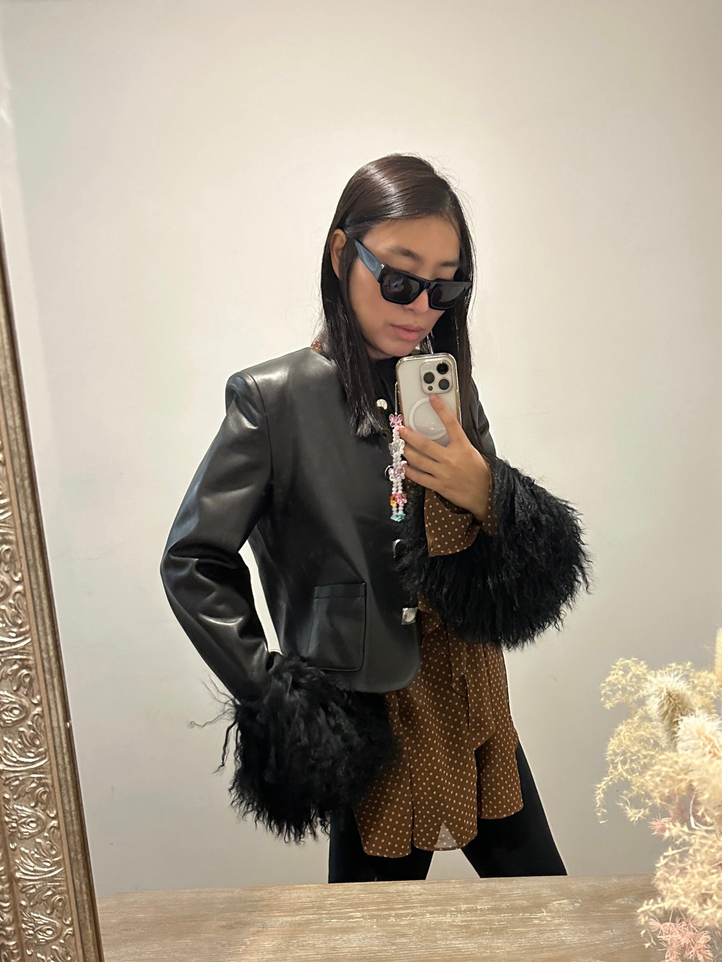 Frida Shearling Trim Leather Jacket