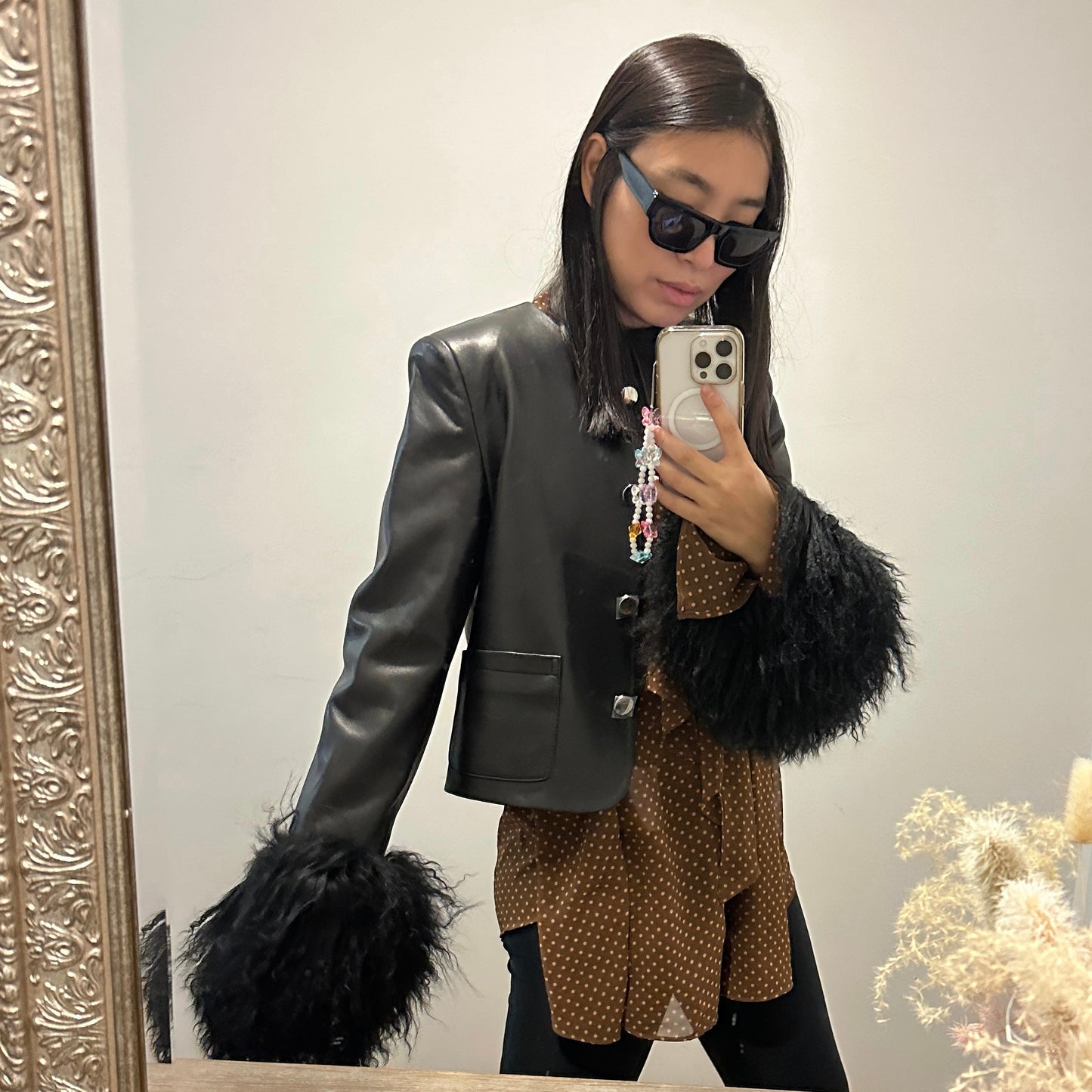 Frida Shearling Trim Leather Jacket