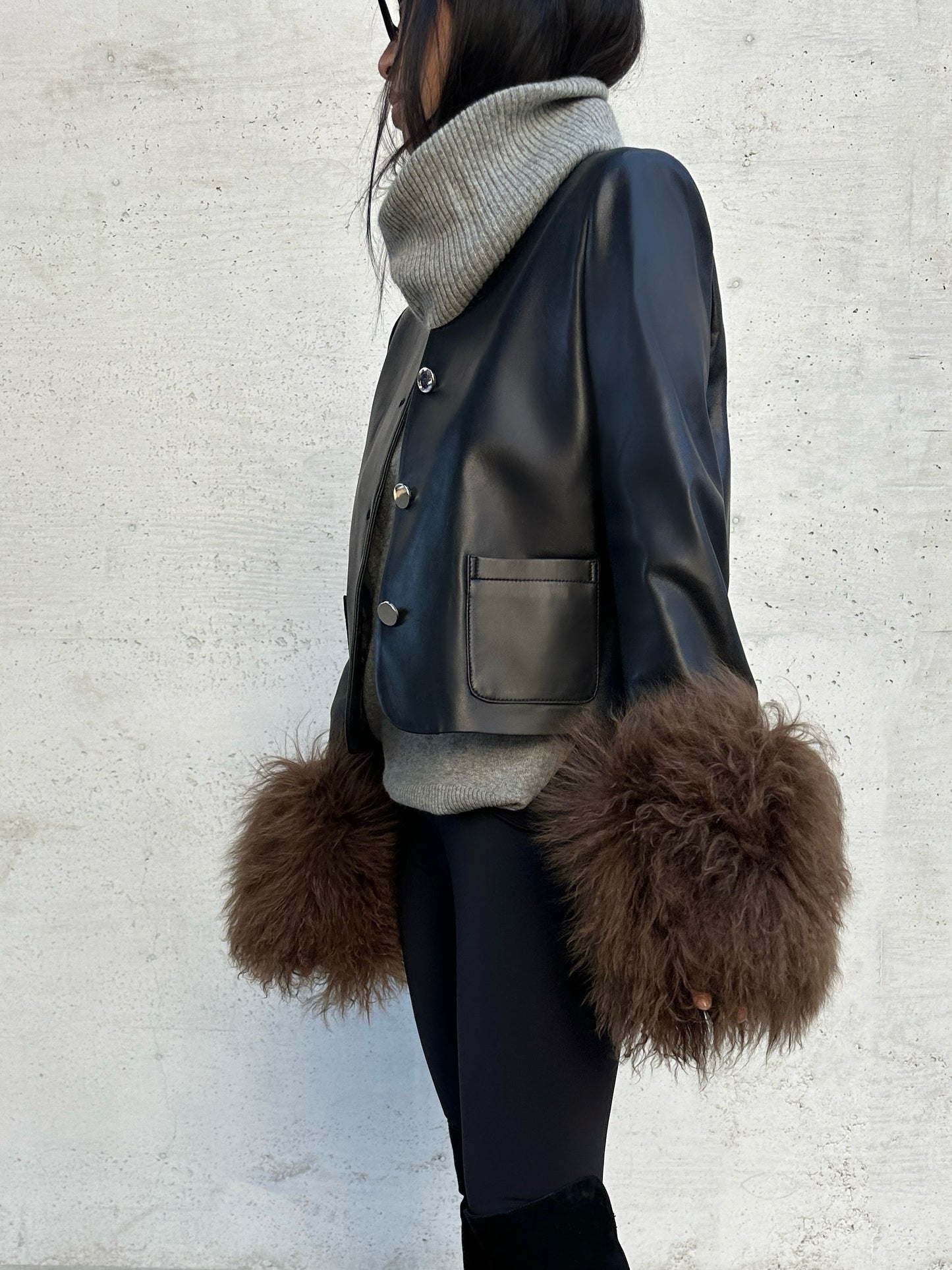 Frida Shearling Trim Leather Jacket