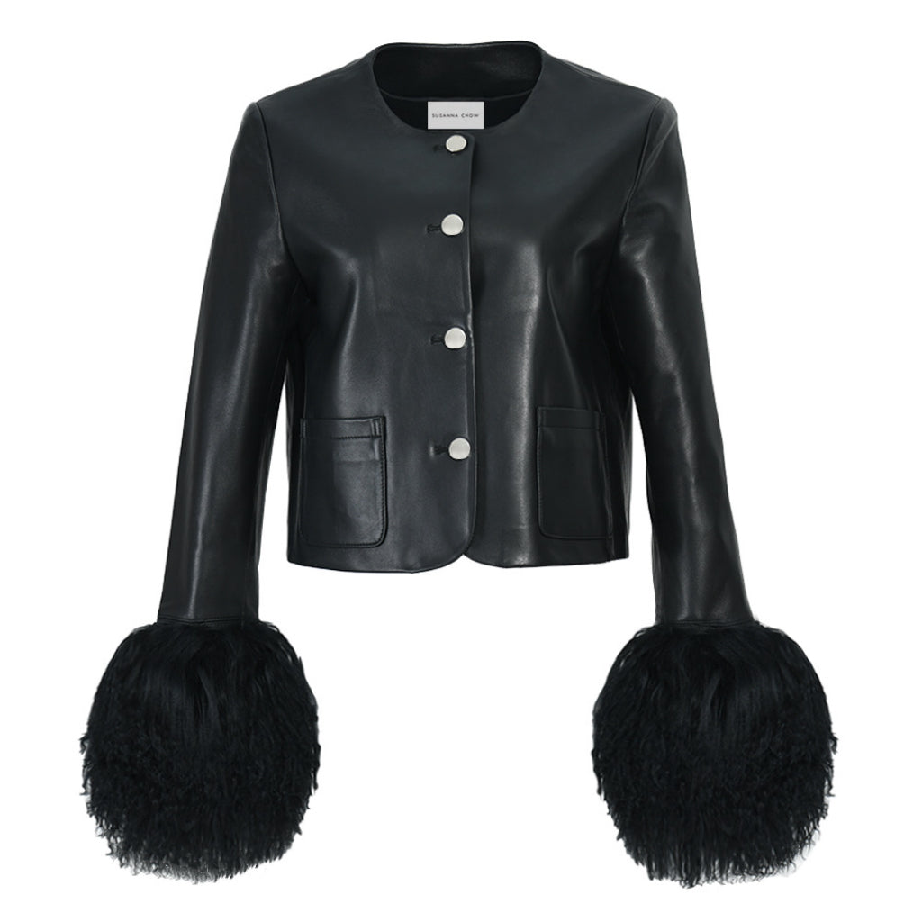 Frida Shearling Trim Leather Jacket