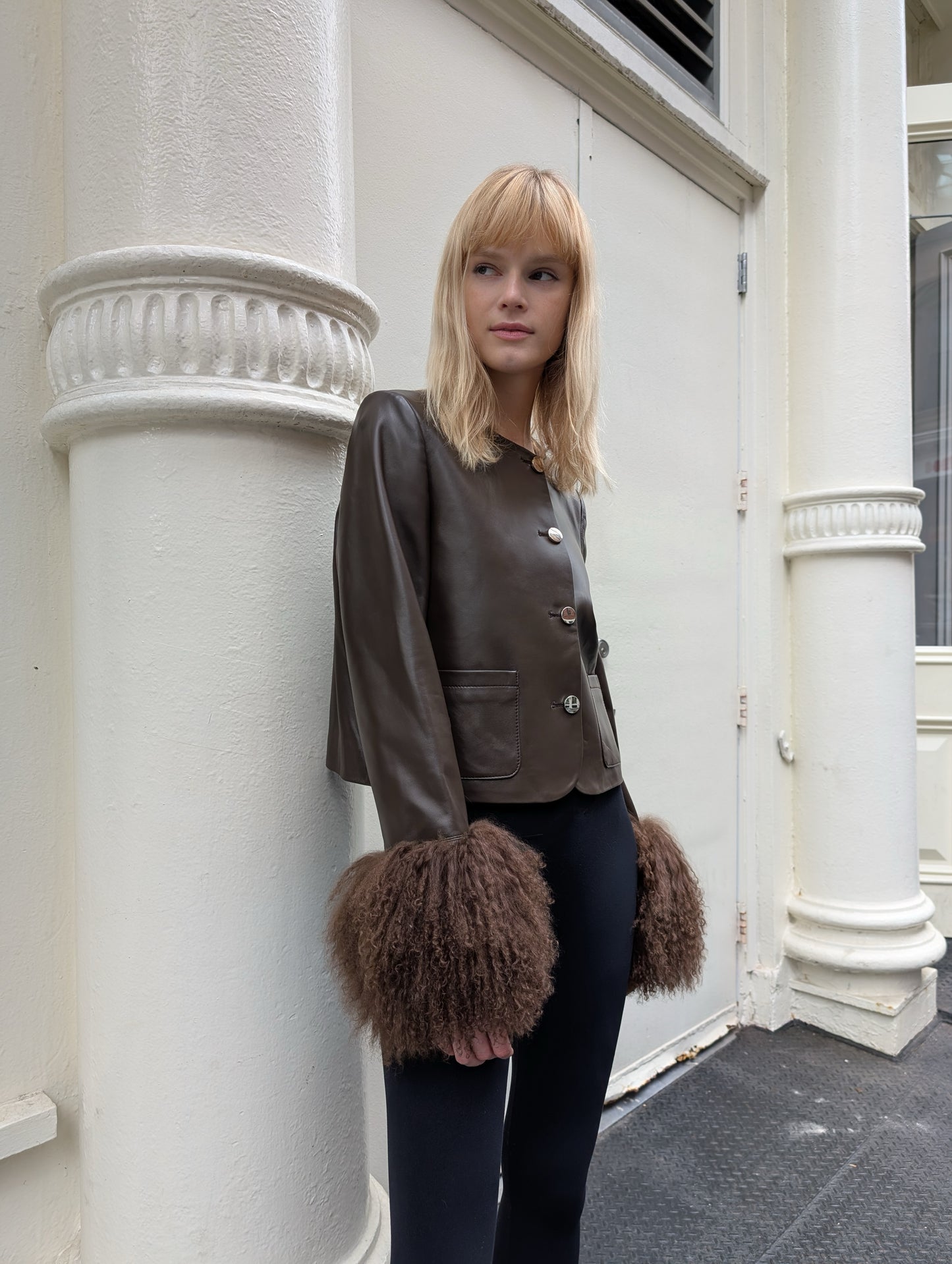 Frida Shearling Trim Leather Jacket