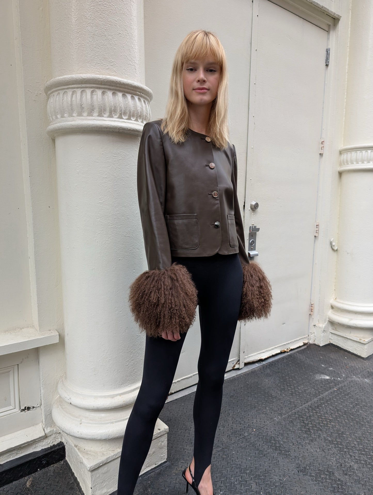 Frida Shearling Trim Leather Jacket