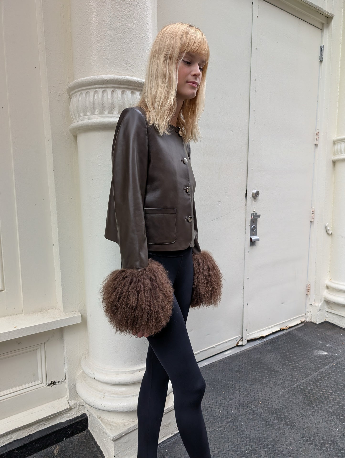 Frida Shearling Trim Leather Jacket