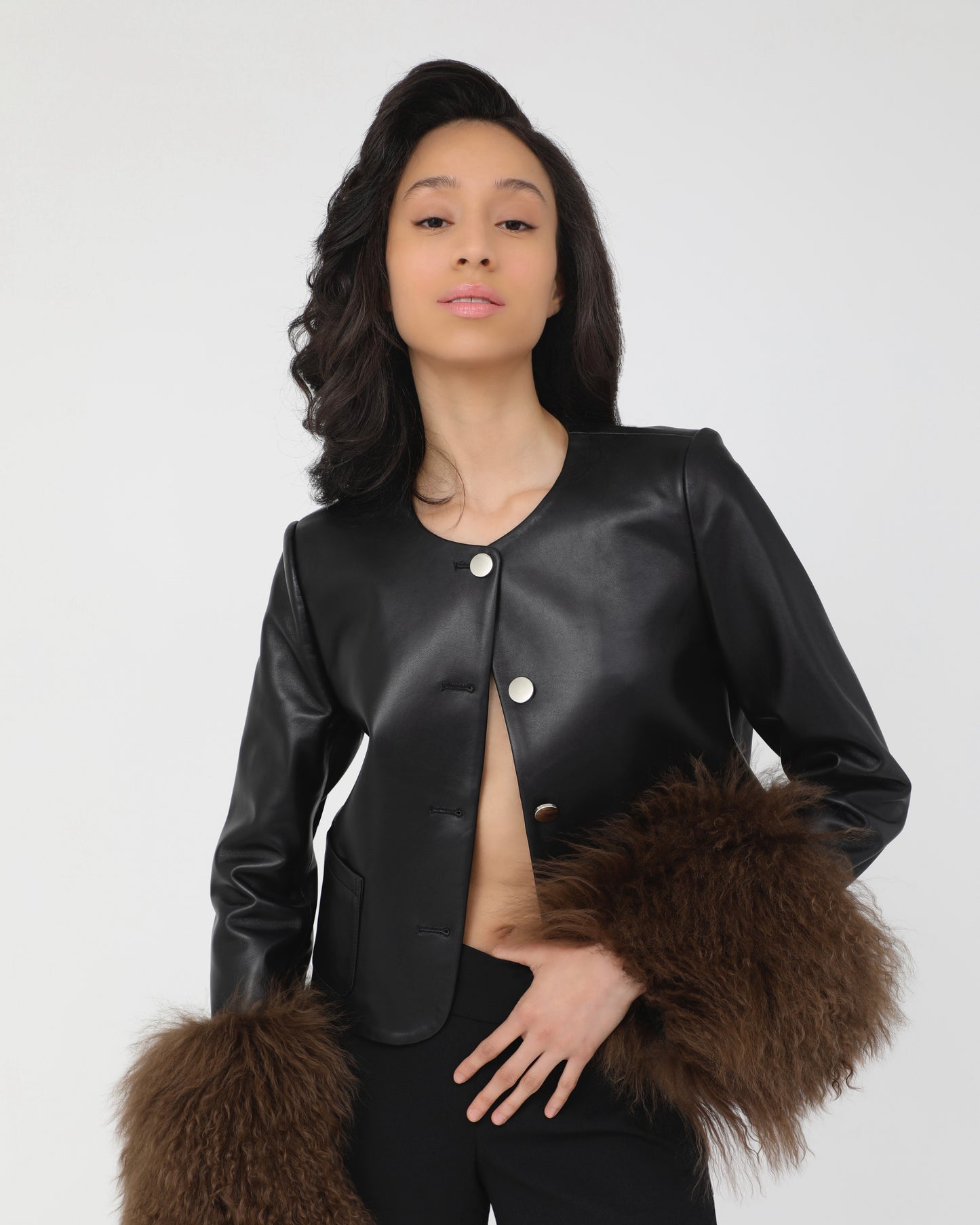 Frida Shearling Trim Leather Jacket