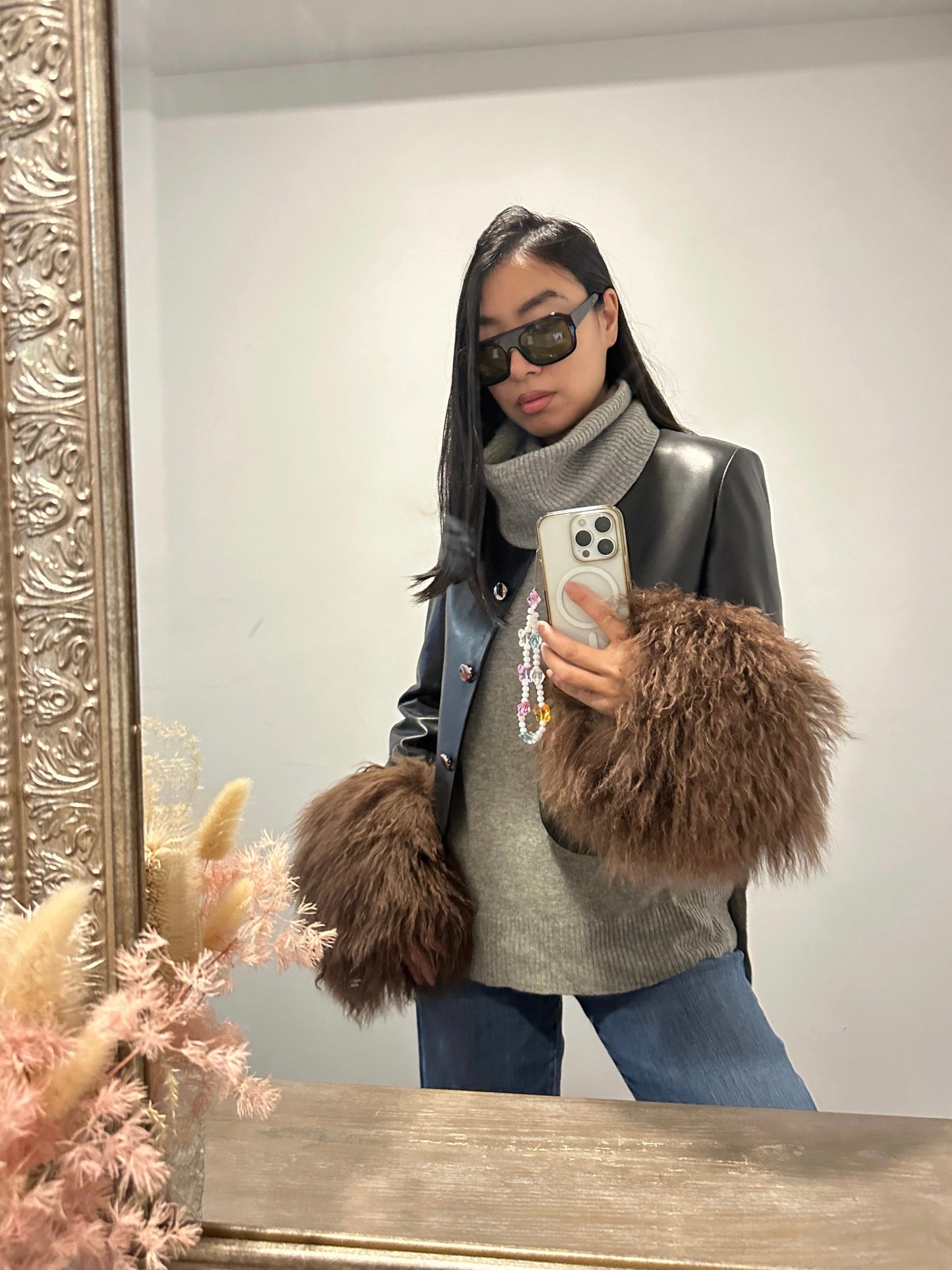 Frida Shearling Trim Leather Jacket