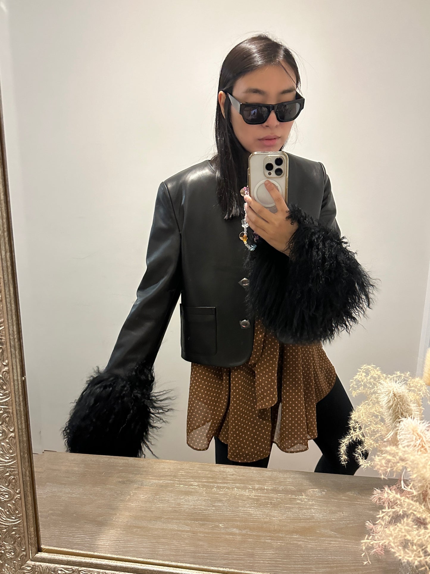 Frida Shearling Trim Leather Jacket