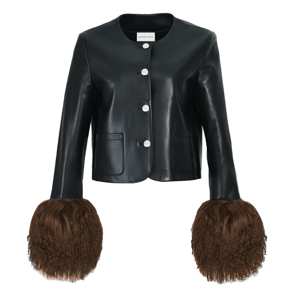 Frida Shearling Trim Leather Jacket