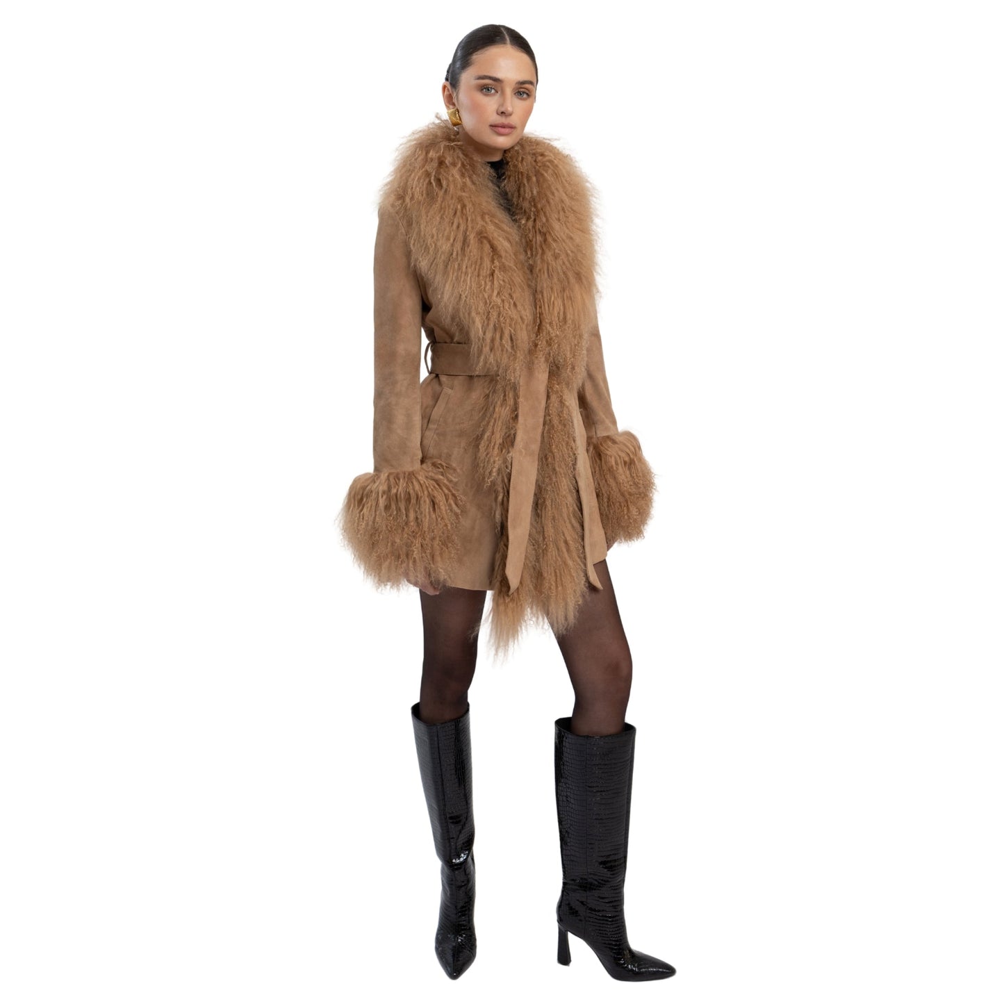 Inez Suede Shearling Midi Coat
