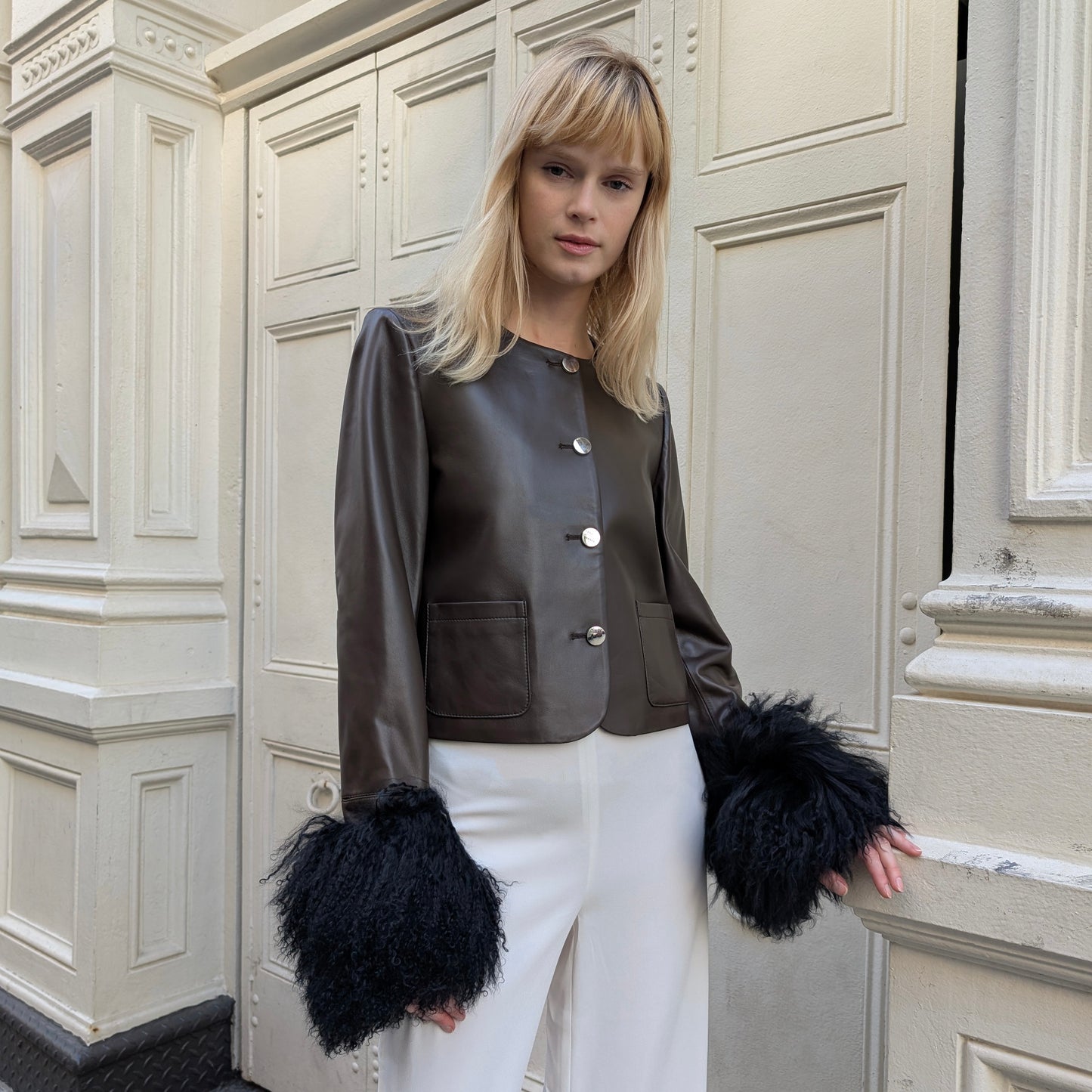 Frida Shearling Trim Leather Jacket