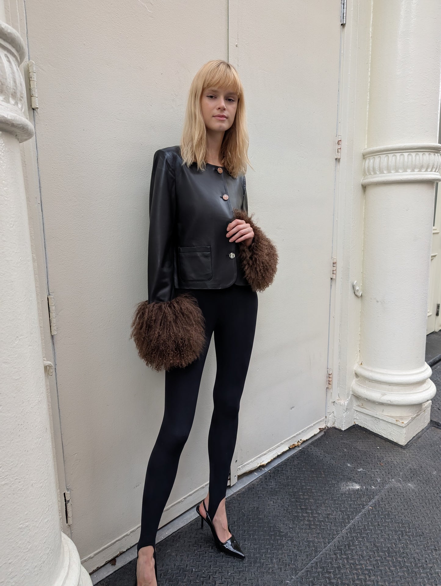 Frida Shearling Trim Leather Jacket
