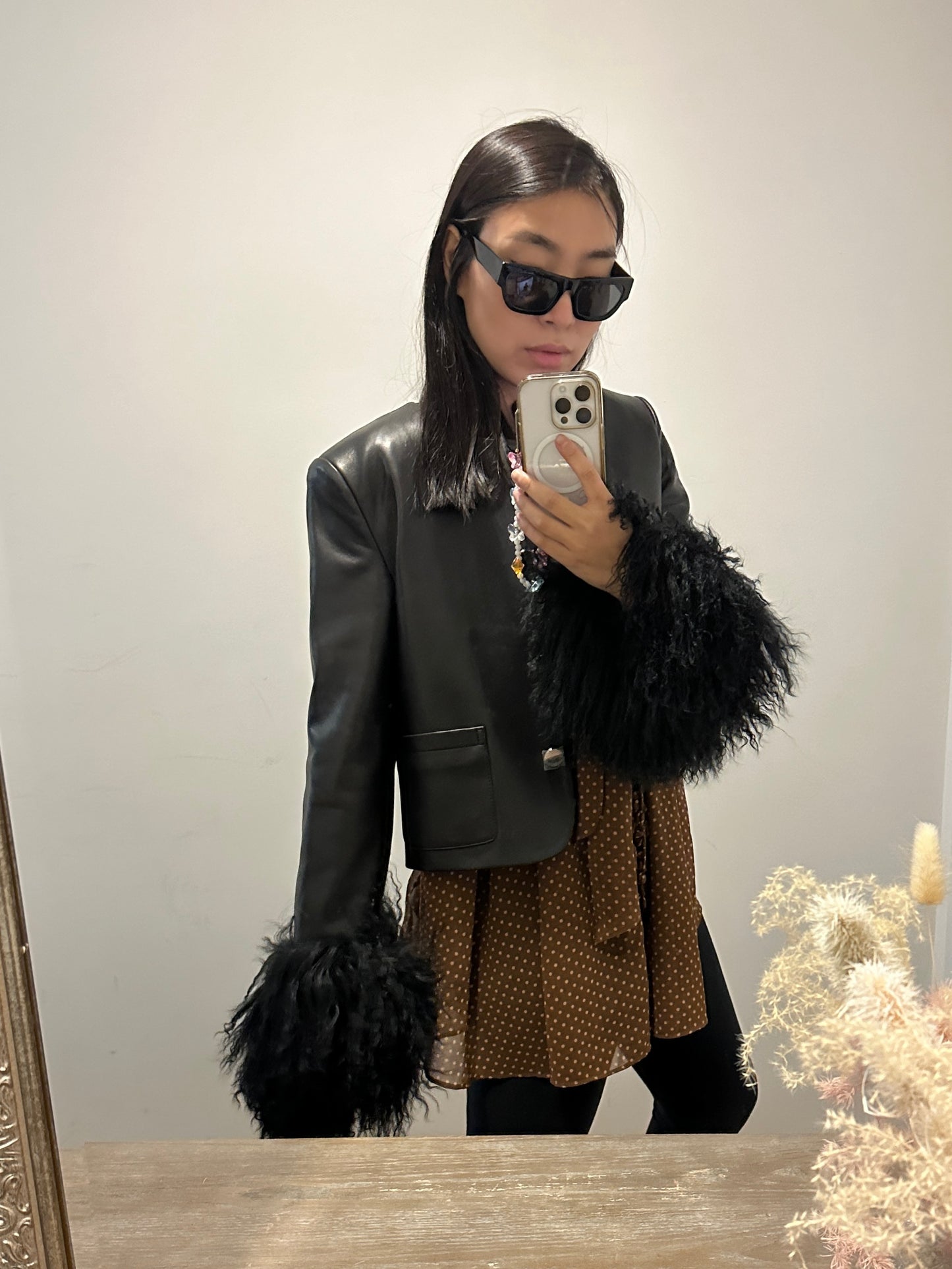 Frida Shearling Trim Leather Jacket