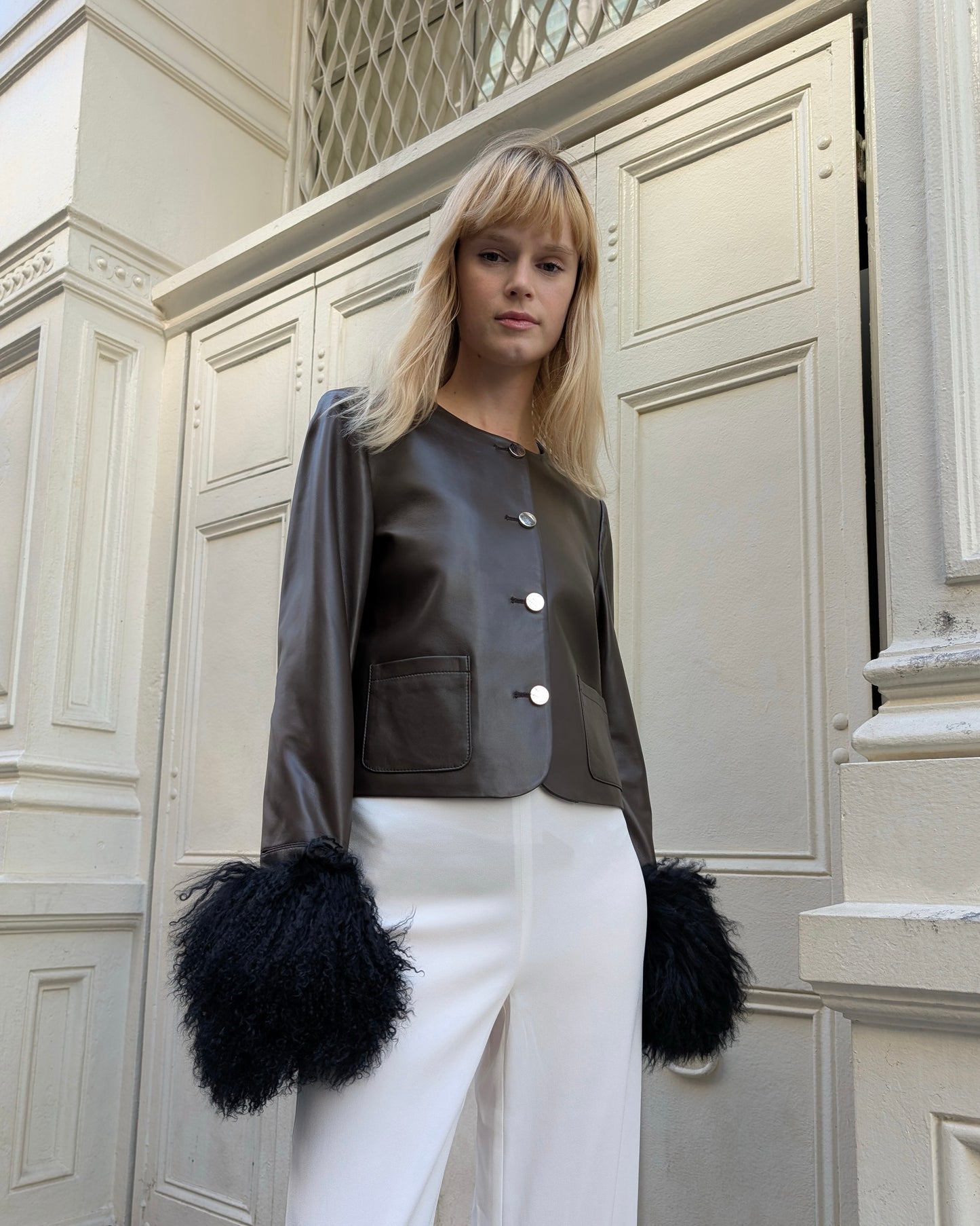 Frida Shearling Trim Leather Jacket
