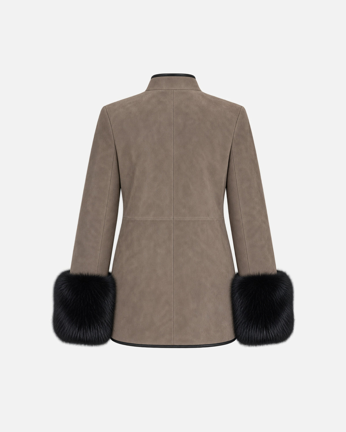 Eleanor Etaupe Fox Trim Suede Jacket in Etaupe & Black Fox Trim, back view