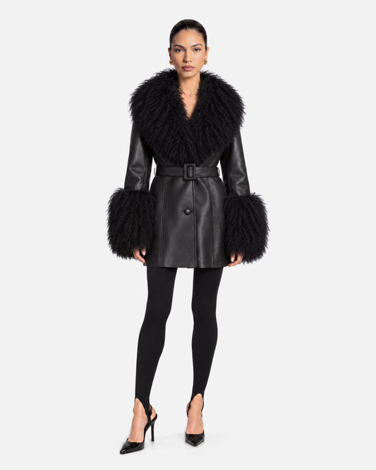 Mimi Leather Shearling Coat in Black, model front