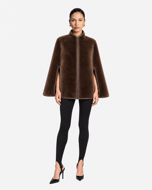 Noelle Merino Shearling Cape in Brown, model front view