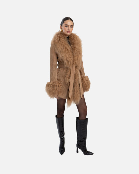 Inez Suede Shearling Midi Coat
