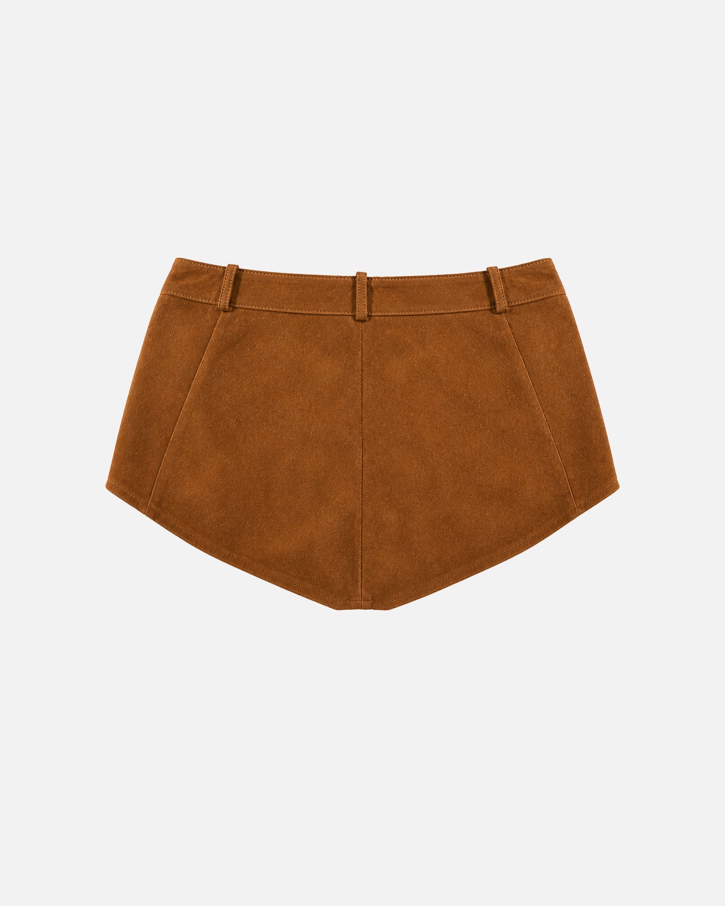 Susanna Chow Naomi Suede Micro Shorts in Mahogany Brown, back view