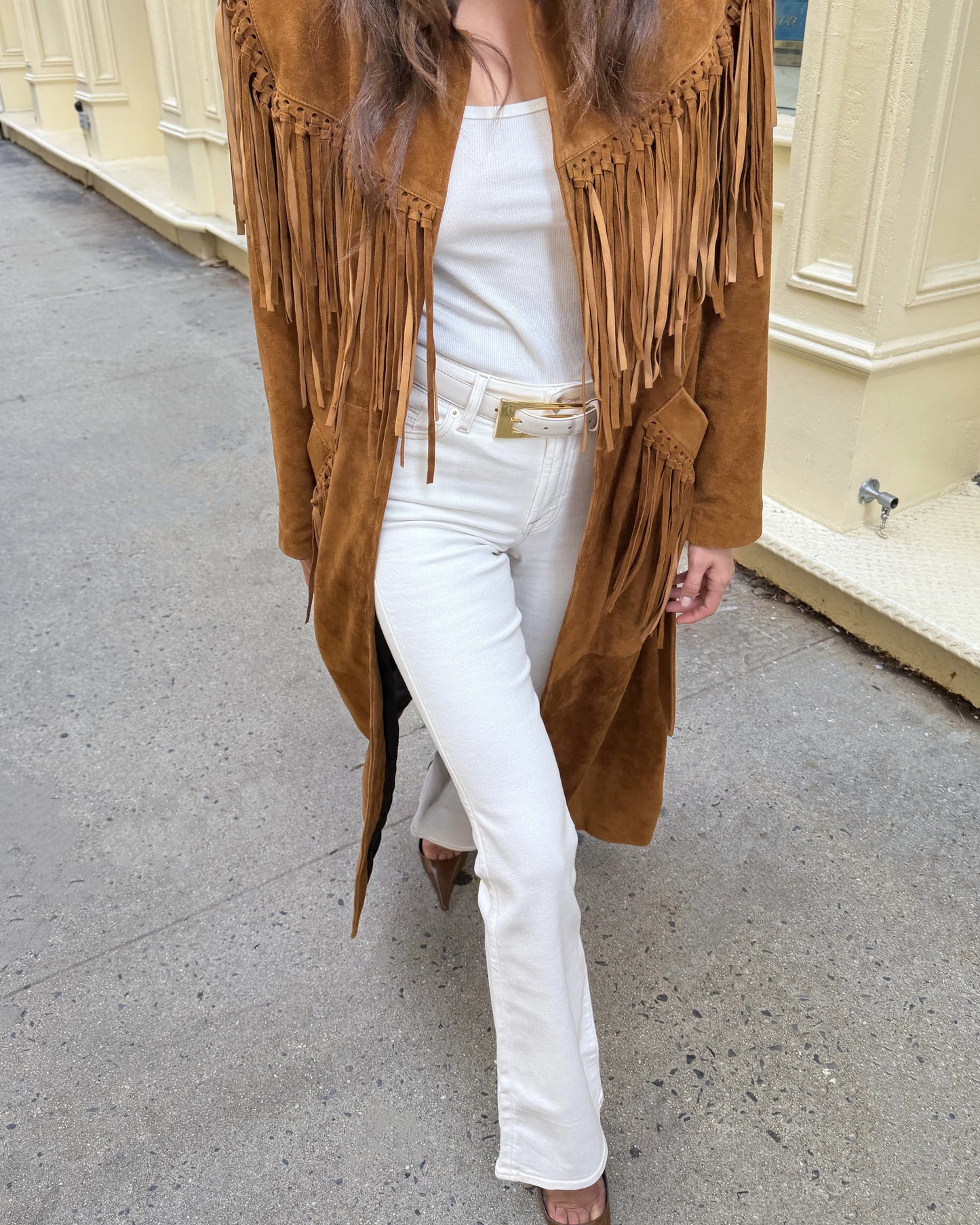 Riley Suede Fringe Trench Coat in Mahogany Brown, worn in SoHo