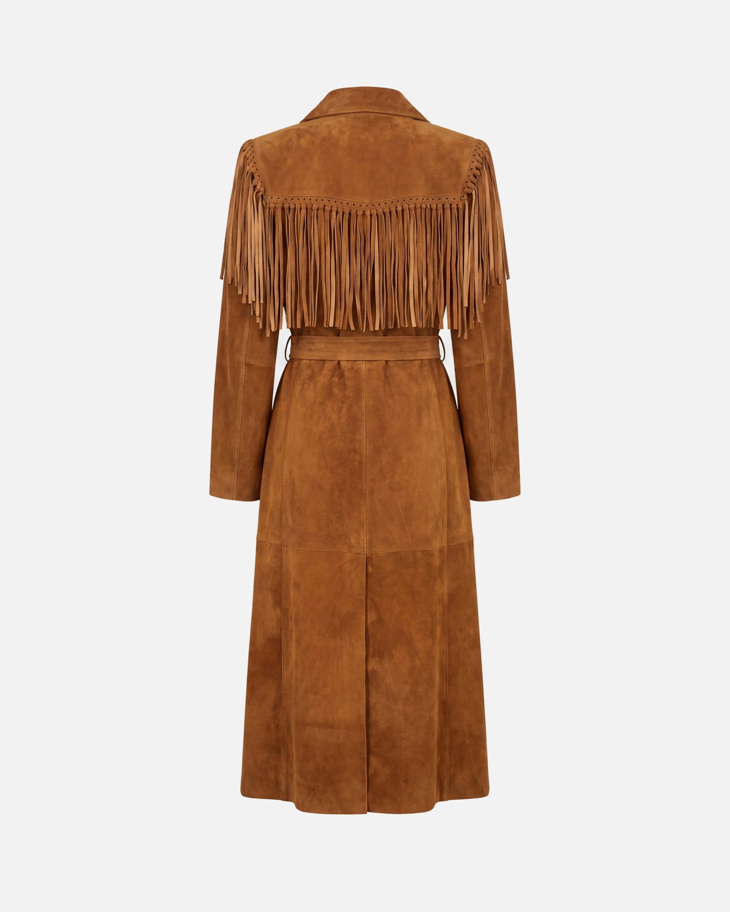 Susanna Chow Riley Suede Fringe Trench Coat in Mahogany Brown, back view