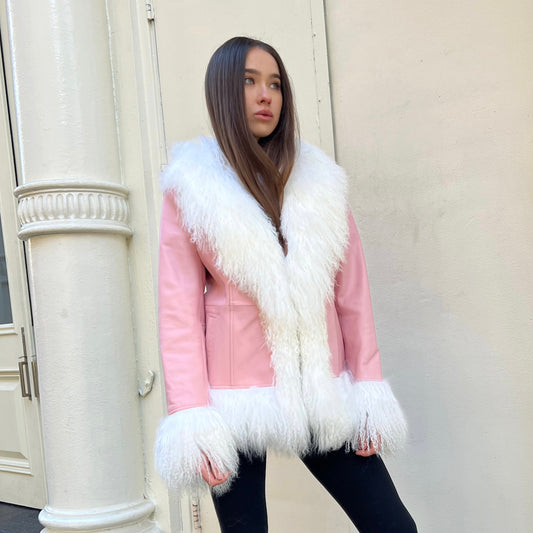 Dorothy Leather Shearling Coat - Baby Pink & White