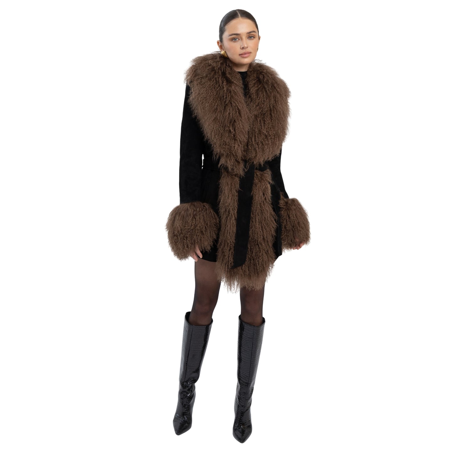 Inez Suede Shearling Midi Coat