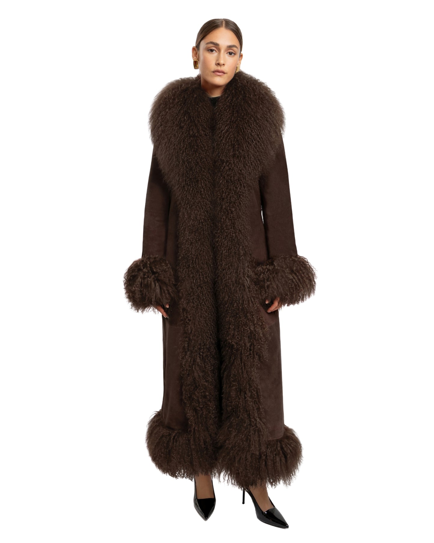 Dorothy Suede Maxi Coat in Espresso, front