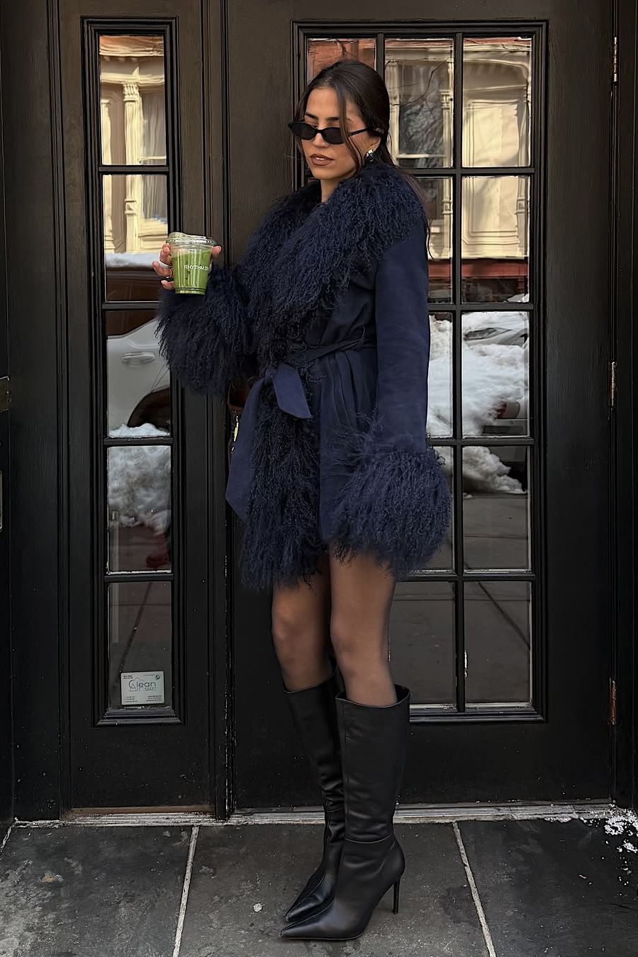 Rose LoTempio wearing Inez Suede Shearling Midi Coat