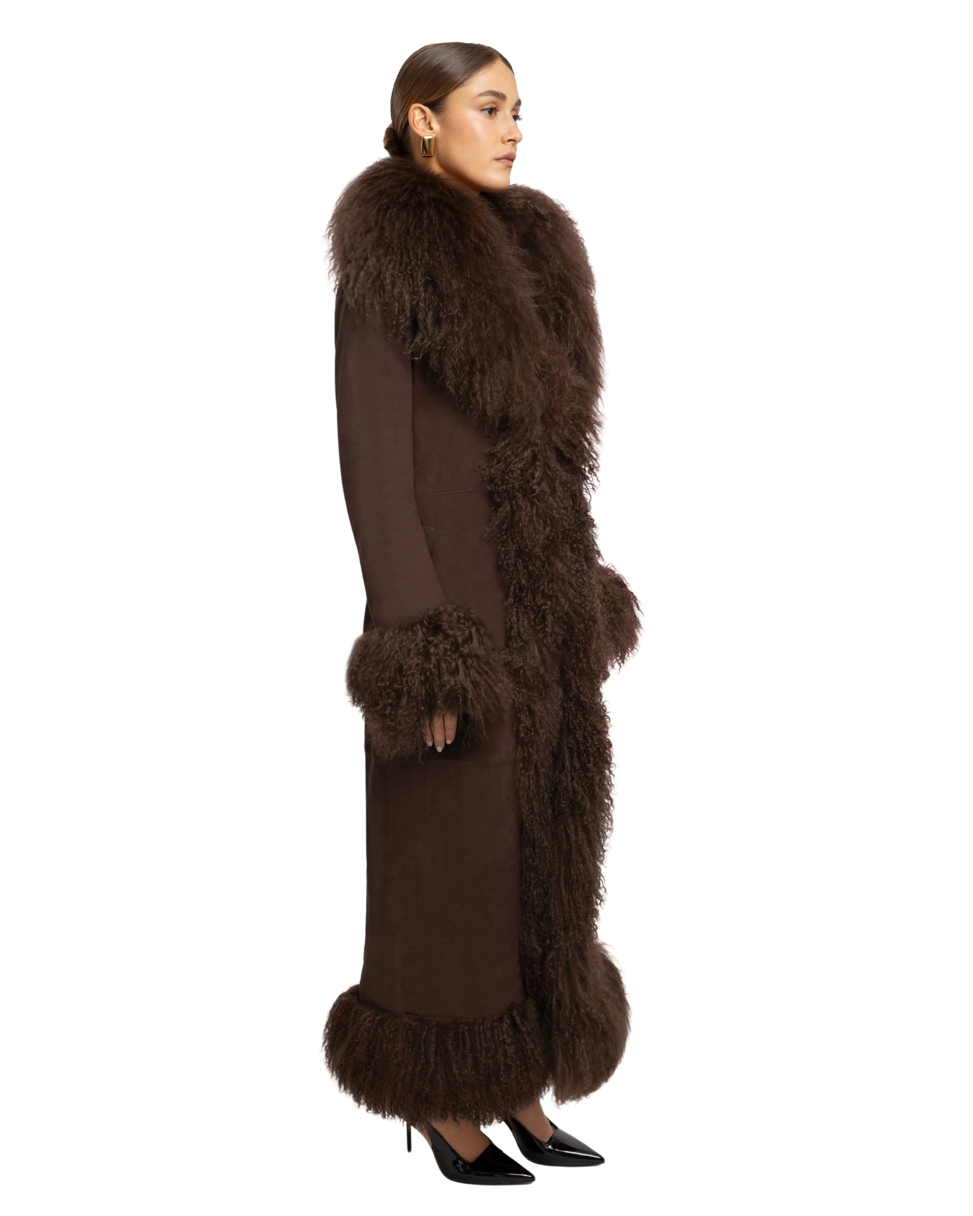 Dorothy Suede Maxi Coat in Espresso, side