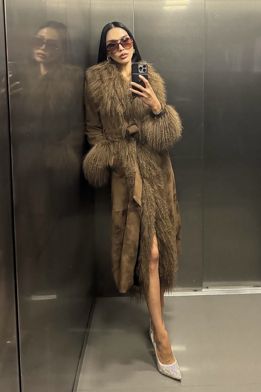 Zarina Yeva wearing Inez Suede Shearling Maxi Coat
