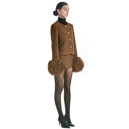 Frida Shearling Trim Suede Jacket
