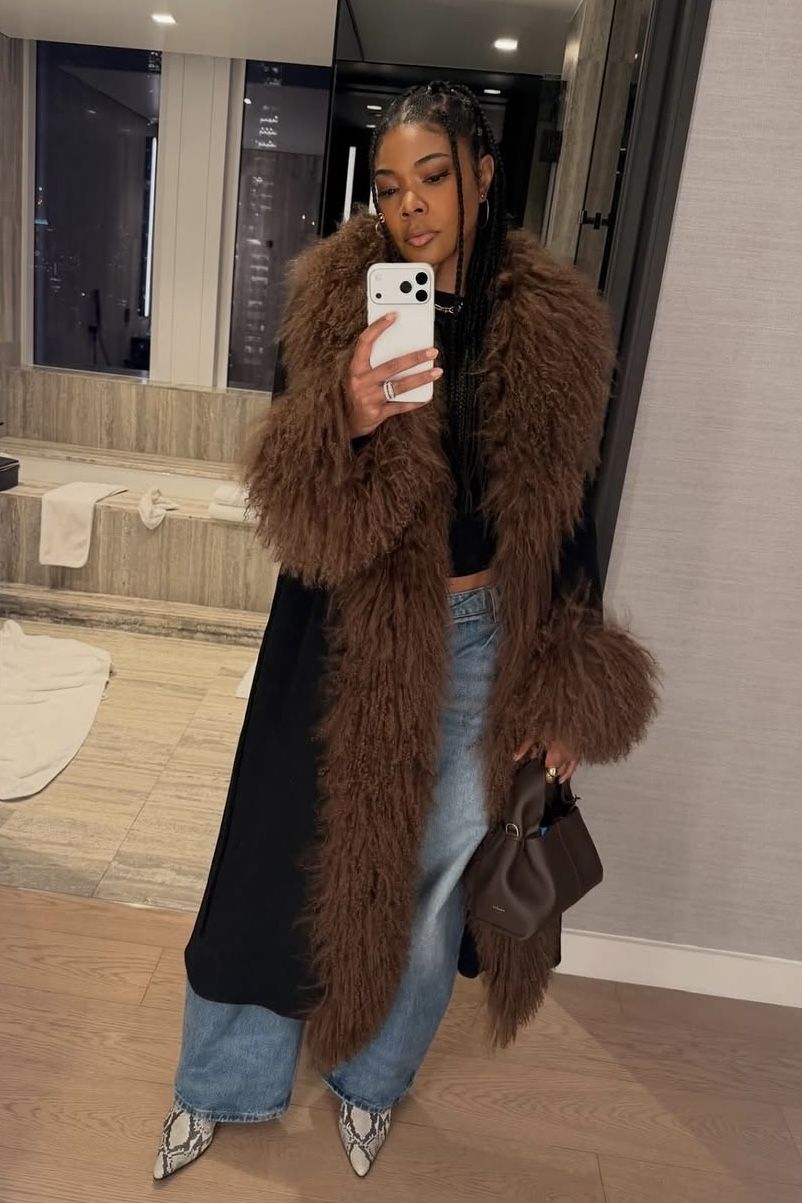 Gabrielle Union wearing Inez Suede Shearling Maxi Coat