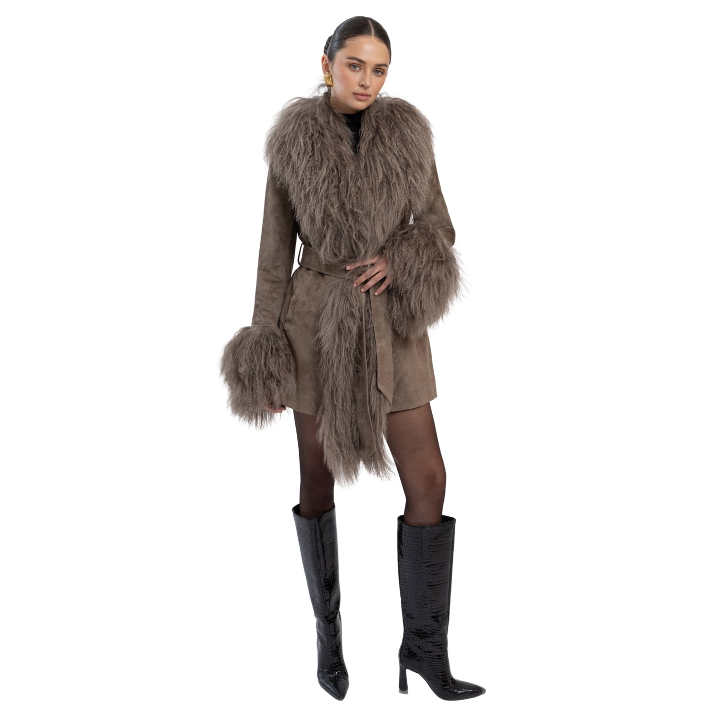 Inez Suede Shearling Midi Coat