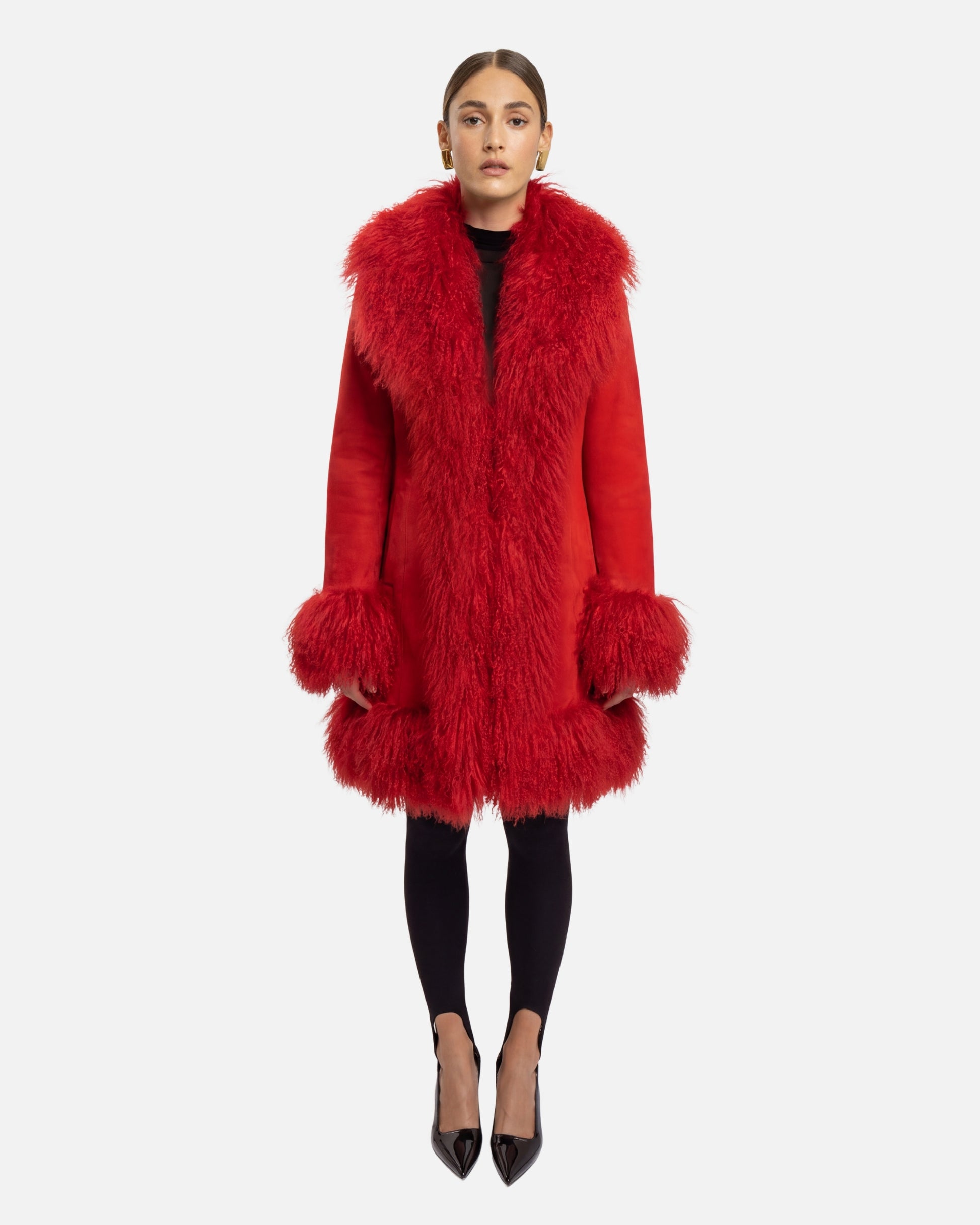 Dorothy Suede Midi Coat in Ruby Red