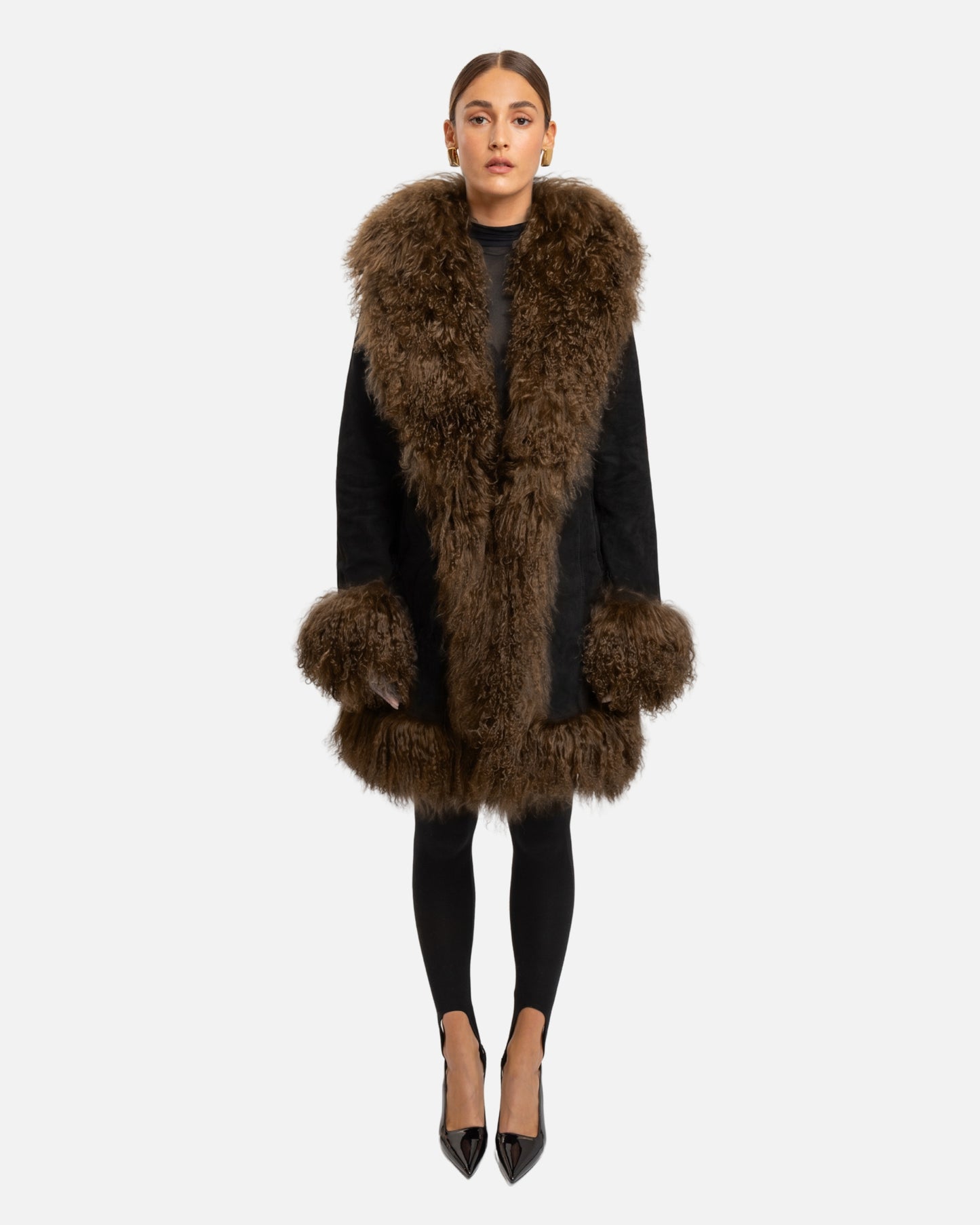 Dorothy Suede Midi Coat in Black / Brown
