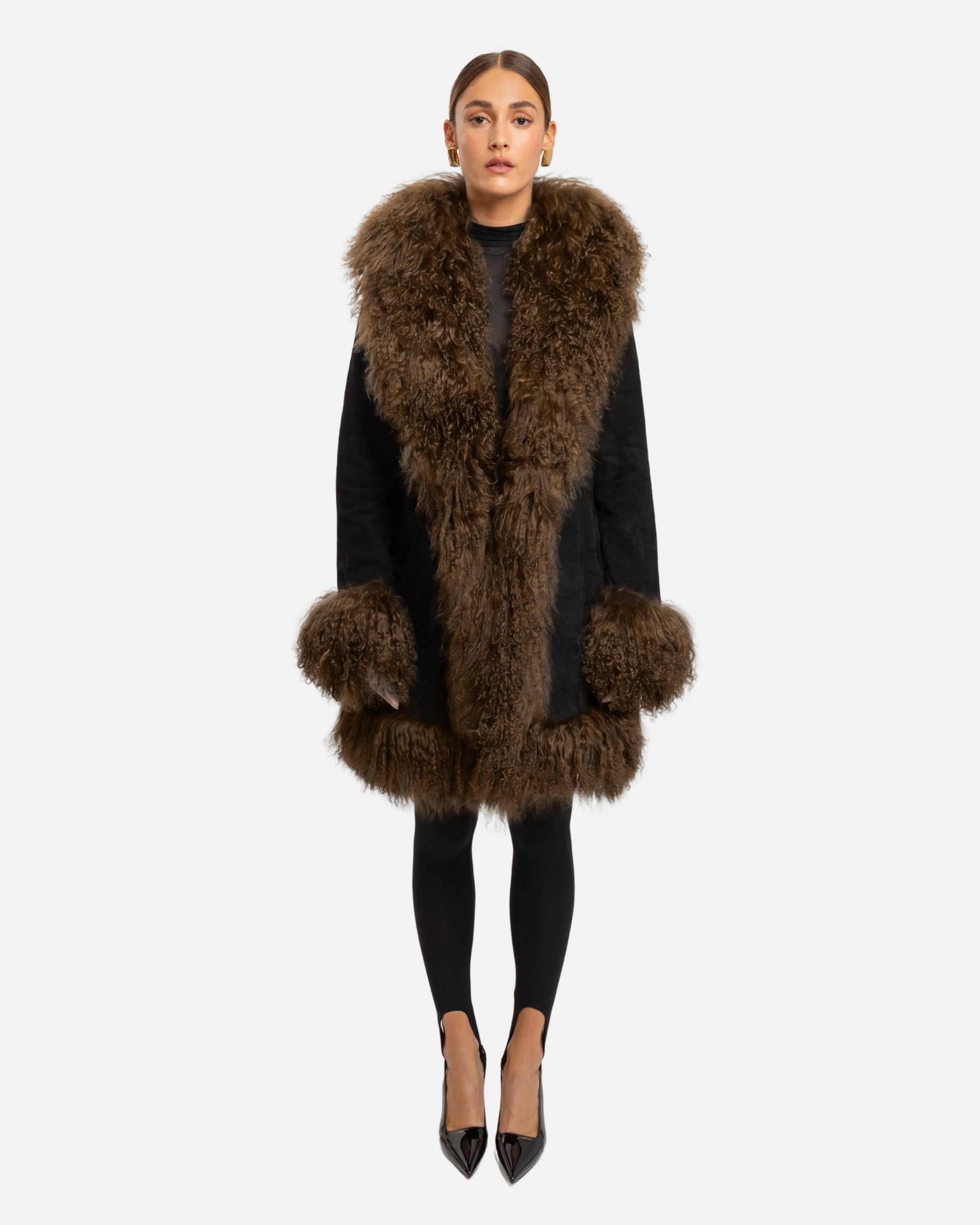 Dorothy Suede Midi Coat in Black / Brown