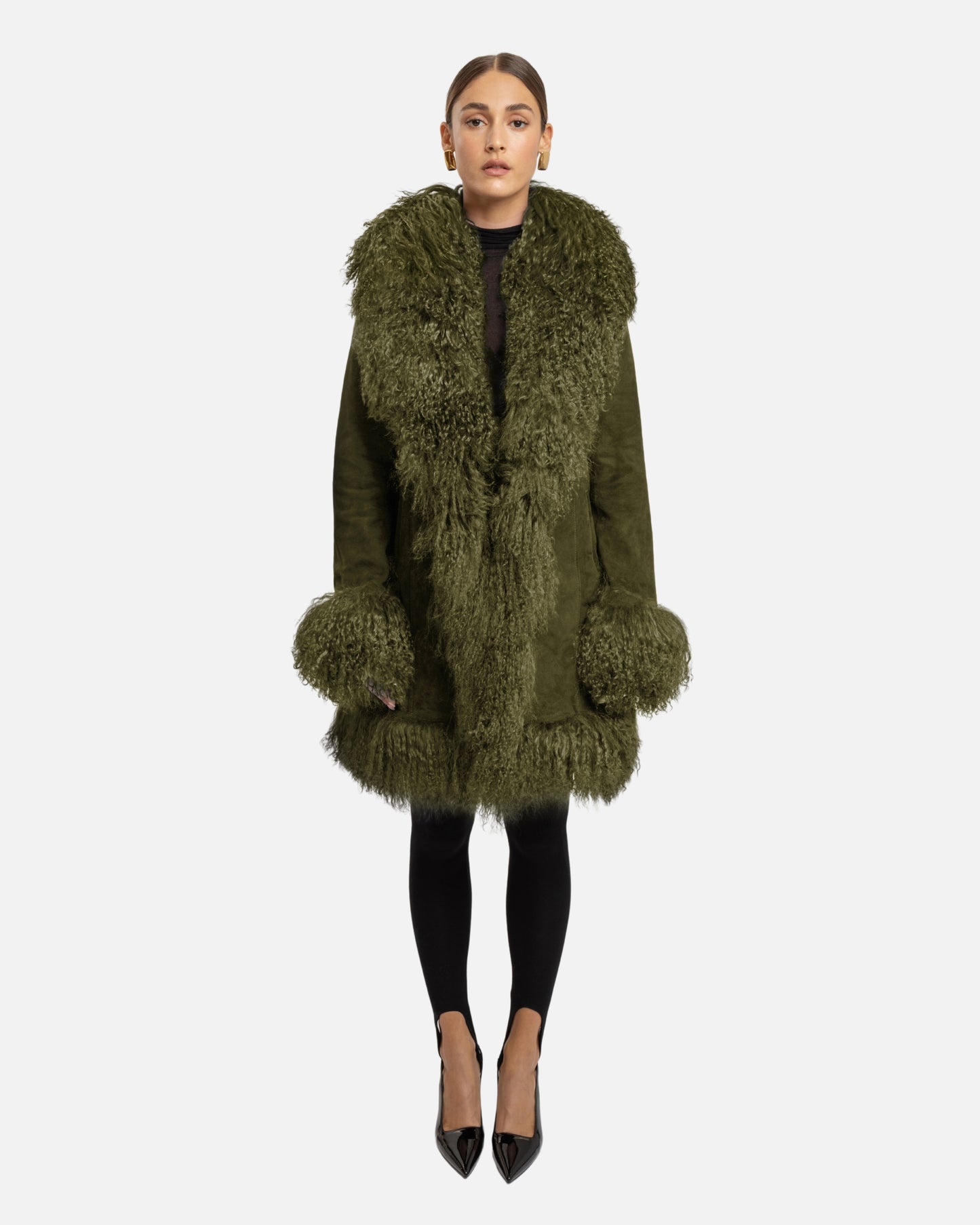 Dorothy Suede Midi Coat in Olive Green
