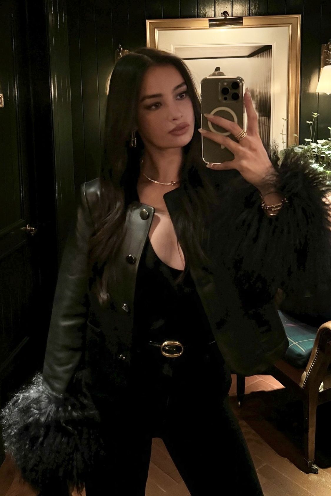 Kelsey Merritt wearing Frida Shearling Trim Leather Jacket