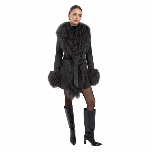 Inez Suede Shearling Midi Coat