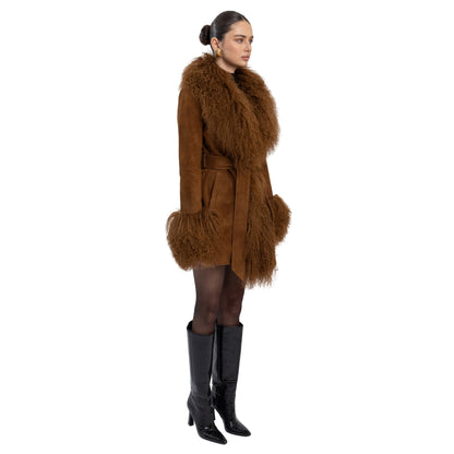 Inez Suede Shearling Midi Coat