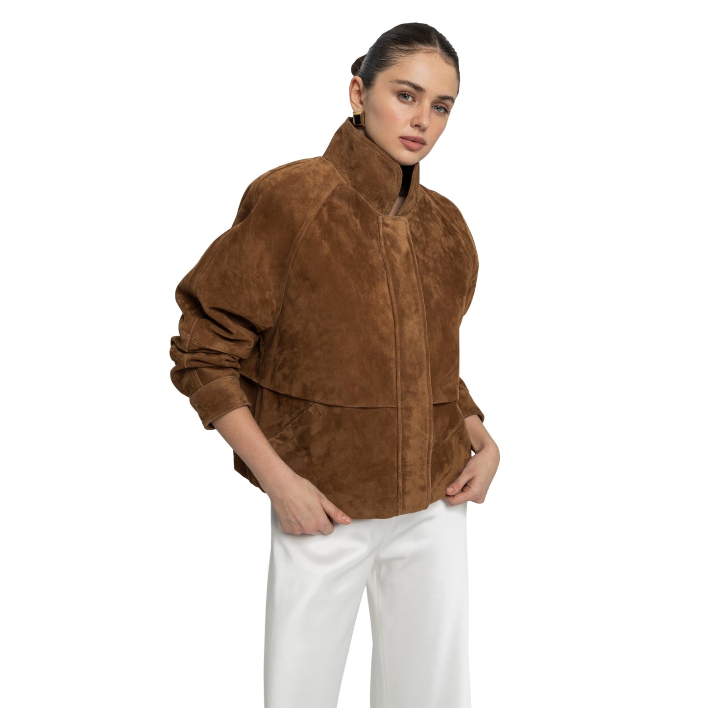 Remy Suede Bomber Jacket in Caramel
