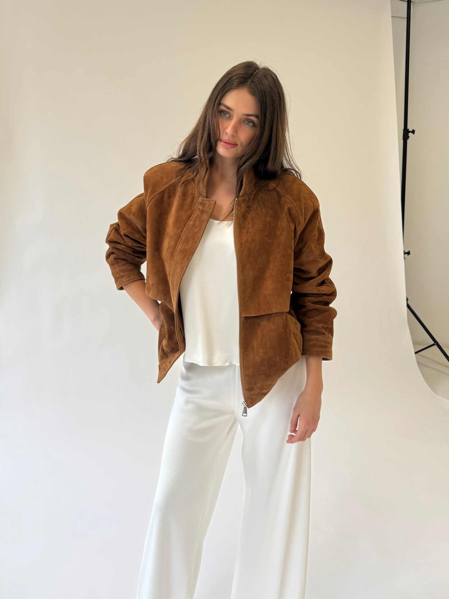 Remy Suede Bomber Jacket in Caramel