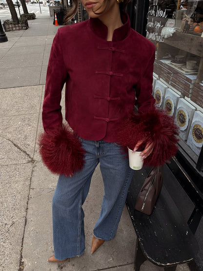 Leighton Shearling Trim Suede Jacket