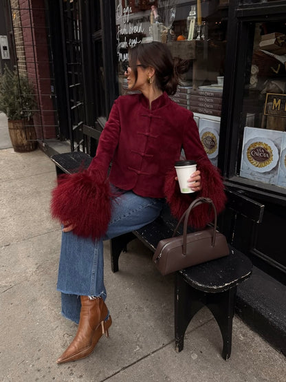 Leighton Shearling Trim Suede Jacket