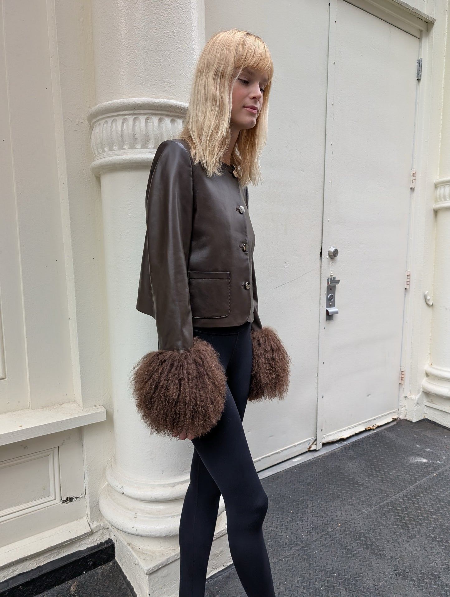 Frida Leather Shearling Trim Jacket