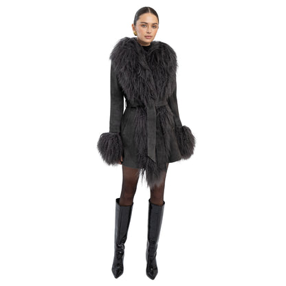 Inez Suede Shearling Midi Coat