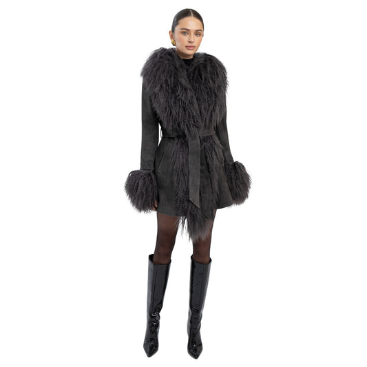Inez Suede Shearling Midi Coat