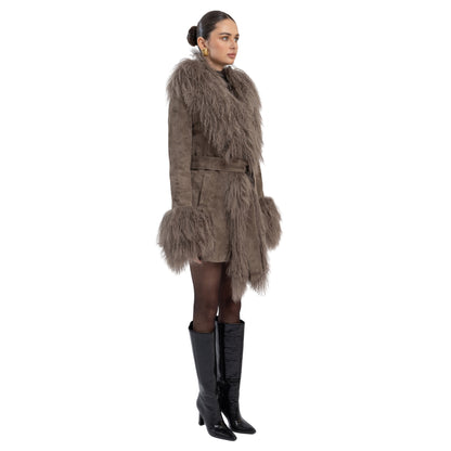 Inez Suede Shearling Midi Coat
