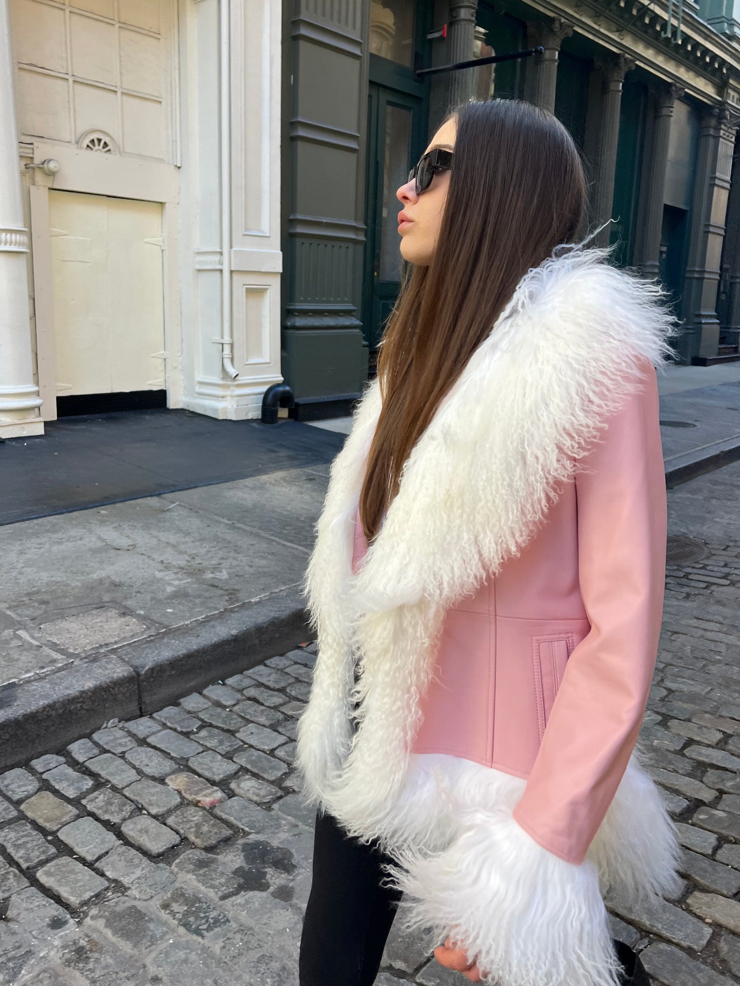 Dorothy Leather Shearling Coat - Baby Pink & White