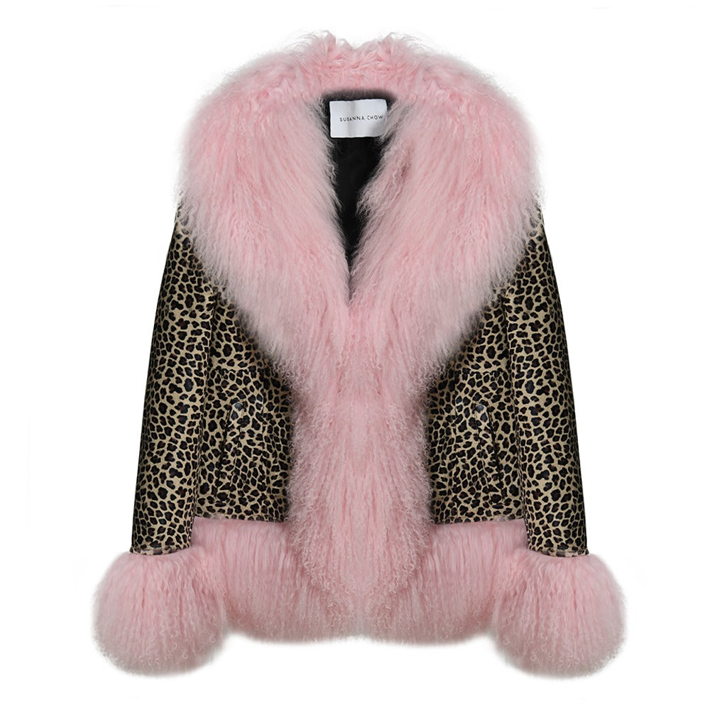 Pink Leopard Print Coat Pink Leopard Print Button Cuffs Raw Hem Jacket