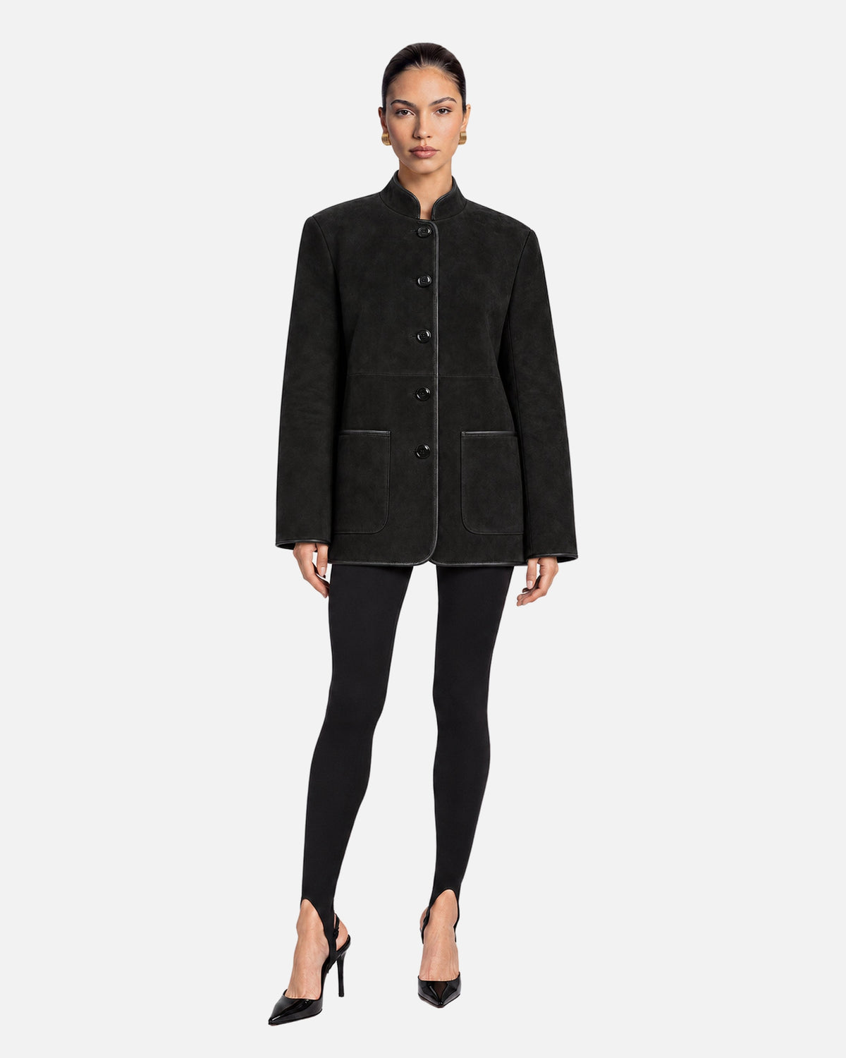 Eleanor Black Suede Jacket in Black, model front view